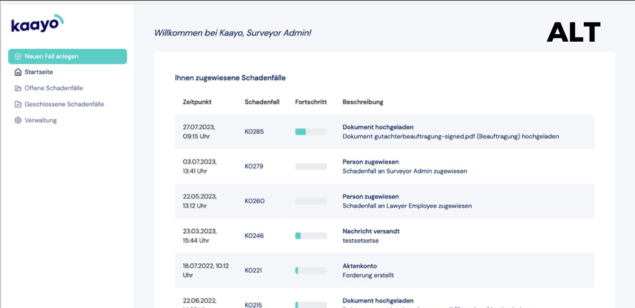 kaayo: alte Startseite mit Falltabelle und Fortschrittsbalken